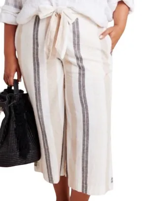 Anthropologie Beige Black White Neutral Stripe Linen Blend Wide Leg Pants size M thumbnail 1