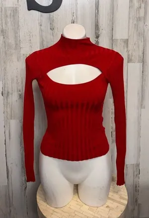 H&M Divided Candy Red Ribbed Knit Mock Neck Cutout Chest Long Sleeve Top Small thumbnail 1