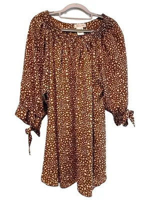 Paisley Vine Tunic Top Brown Boho Smocked Neck Tie Cuff Polka‎ Dot Womens Large thumbnail 1
