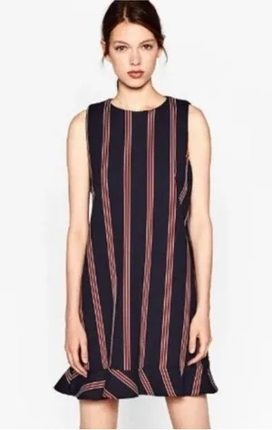 Zara Navy Red Stripe Thick Shift Dress Ruffle Hem m thumbnail 1
