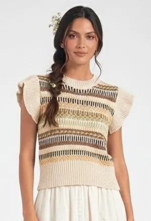 Elan Striped Knit Flutter Sleeve Sweater Top Womens S Neutral Boho Cottagecore thumbnail 1