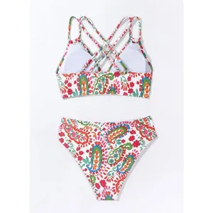 Boutique Colorful Floral Push Up V Neck Bikini Crisscross Back Two-Piece Swimsuit LARGE thumbnail 4