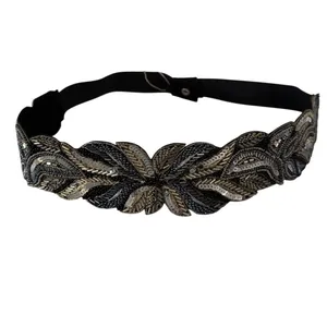 Silver Beaded Embroidered Boho Festival Floral Belt Elastic Sz 34 Waistband NWT thumbnail 11