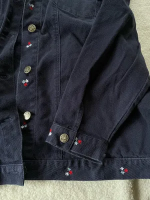 Denim & Co Navy Blue Jean Jacket Embroidered Flowers Red White Blue Patriotic 1X thumbnail 5