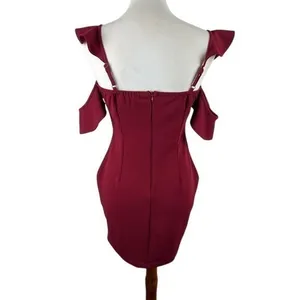 NaaNaa Burgundy Sequin Ruffle Off Shoulder Bodycon Mini Dress Size 10 thumbnail 3