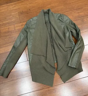 BLANK NYC Olive Green Women's Draped Knit & Faux Leather Jacket, s thumbnail 1