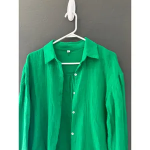 Womens Green Gauze Button‎ Down Shirt Oversized Long Sleeve Cotton Blend S thumbnail 2
