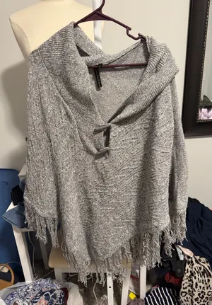 Allie & Rob Light Gray Fringe Toggle Poncho Sweater thumbnail 1