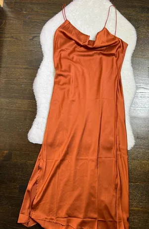 Shein Burnt Orange Satin Cowl Neck Maxi Dress Side Slit Covered Buttons Large thumbnail 1