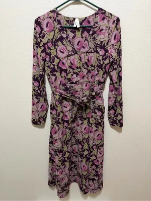 Pact Fit & Flare Wrap Dress Medium Berry Jam Floral Organic Cotton thumbnail 4