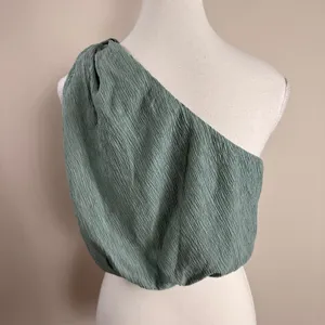Abercrombie & Fitch Womens One Shoulder Knotted Bubble Hem Crop Top Sage Green S thumbnail 3