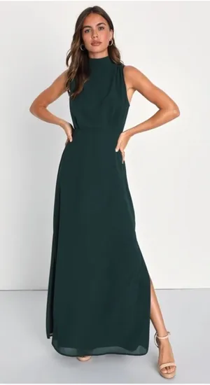 Lulus Classic Elegance Emerald Chiffon Sleeveless Mock Neck Maxi Dress Size XL thumbnail 1
