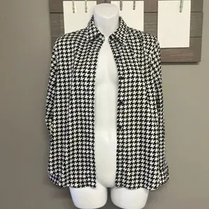 Lauren Ralph Lauren Size PM Houndstooth No Iron Button Down Ahirt Blouse Black W thumbnail 5