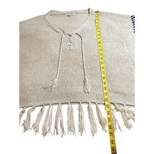Double Zero Cream Fringe Knit Poncho Sweater Navy Blue Aztec Detail Size Medium thumbnail 5