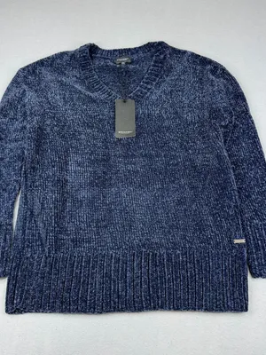 NWT Broadway NYC Genny Chenille Sweater Women M Blue V Neck Cozy Plush Knit thumbnail 1