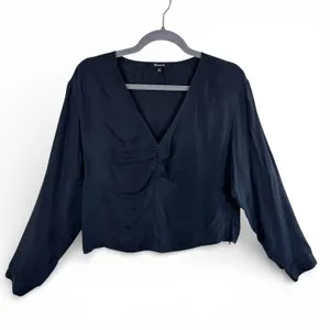 Madewell Black Brushed Ruched V-Neck Cupro Viscose Long Sleeve Blouse Top 10‎ thumbnail 2