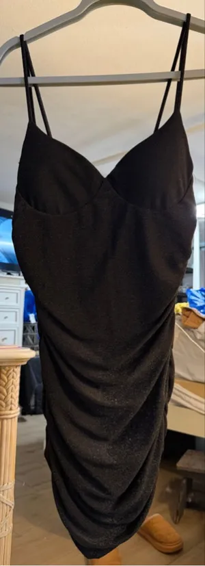 NEW Black Sparkly Ruched Mini Dress L thumbnail 1