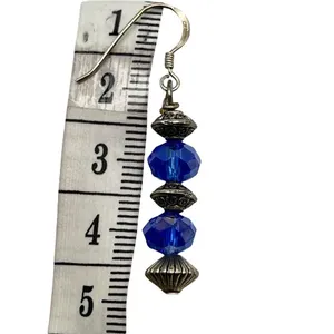 Handmade 925 Sterling‎ Silver Hook Bead Drop Earrings Blue Saphire Glass Crystal thumbnail 5