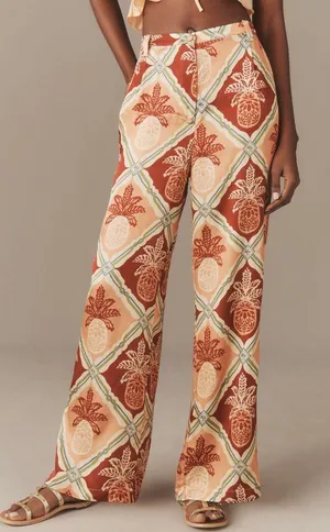 NWT Farm Rio Pineapple Satin Wide-Leg Pants, Size M thumbnail 1