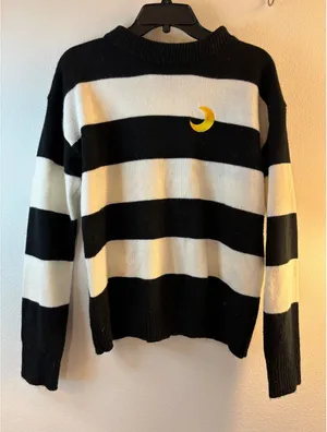Black and White Striped Crewneck Sweater with Yellow Crescent Moon Embroidery thumbnail 1