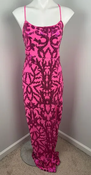 Iris Pink Sparkly Sequined Formal Low Back Evening Prom Dress Large thumbnail 1