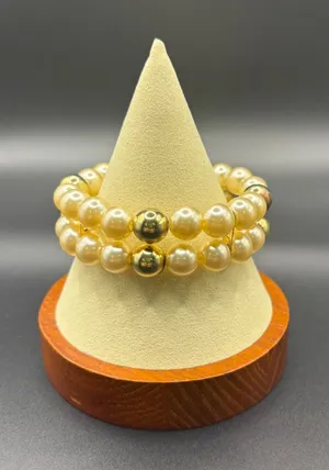 Cream Faux Pearl Double‎ Strand Stretch Bracelet Gold Tone Accent Beads Classic thumbnail 1
