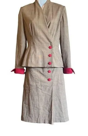 Brown Red Plaid Womens Small Custom Made Peplum Button Up Retro 1951 Suit OOAK thumbnail 2