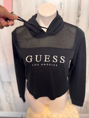 GUESS Los Angeles Black Cropped Hoodie Womens Medium Fishnet Mesh Yoke Pullover thumbnail 4