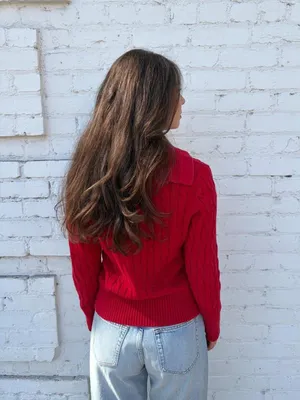 Vtg y2k Red cable knit sweater with button up collar #cableknit #preppy #90s #autumn thumbnail 3