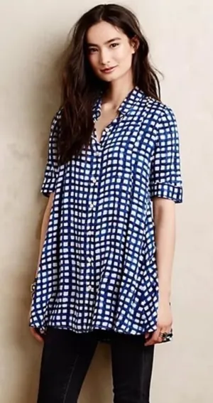 Anthropologie 11.1 TYLHO Adanne Tunic Top Shirt Blue White Gingham Plaid X-Small thumbnail 1