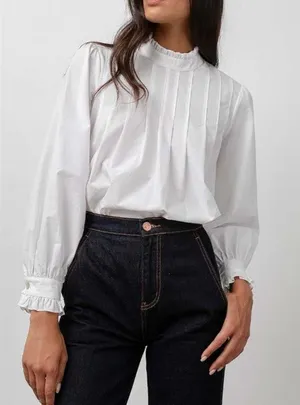 Rails Ariana Pintuck High Neck Long Sleeve Cotton Blouse Shirt Top White Medium thumbnail 1