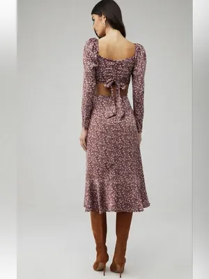 ASTR The Label Lainie Dress Floral Cutout Midi Sz S Puff Sleeve Lavender Brown thumbnail 2
