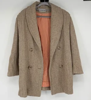 Herman Kay Vintage Herringbone Wool Blend Double Breasted‎ Coat Brown Tan USA thumbnail 1