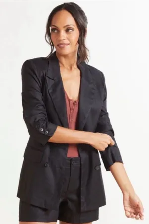 Evereve Minimalist Alexa Black Linen Double-Breasted Blazer Career Office Work thumbnail 1