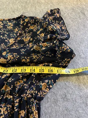 Navy Floral Dress Short Flutter Sleeves Mid Calf Maxi Lightweight, Small thumbnail 5