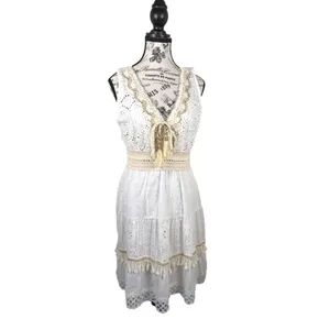 White Eyelet Lace Midi Dress S Boho Crochet Tie Front Made in Italy ART 6163 thumbnail 2