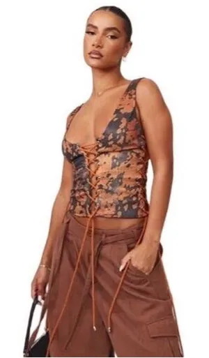 Pretty Little Thing Brown Printed Woven Lace Up Tank NWT Size 12 thumbnail 1