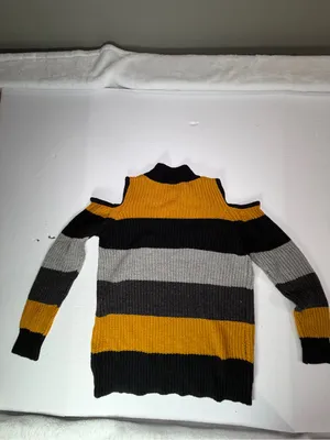 QED London Black, Gray & Mustard Striped Cold-Shoulder Turtleneck Sweater thumbnail 6