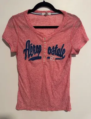 Aeropostale Vintage Pink Marl Henley Logo Graphic Tee Shirt XL Y2k Preppy‎ thumbnail 1