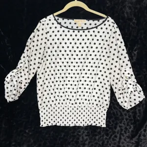 Michael Kors Blouse White Black Polka Dot Smocked Waist Roll Tab Sleeve Office S thumbnail 2