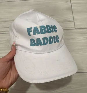 Fabbie Baddie White Baseball Cap Teal Graphic Adjustable Hat Stain thumbnail 1