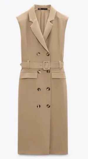 Zara Sleeveless Double-Breasted Belted Maxi Dress in Tan thumbnail 1