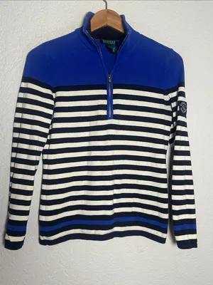 Ralph Lauren Blue Striped Half Zip Sweater Crest Logo Preppy Nautical Medium thumbnail 1