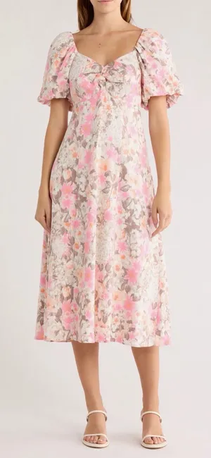 Avec Les Filles $169 Pink Garden Party Floral Twist Bodice Midi Dress Size 12 thumbnail 1