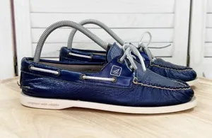 Sperry Top Sider Leather Boat Shoe Metallic Navy Blue Women Size 8 Slip On thumbnail 1