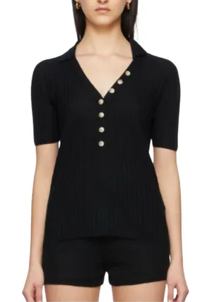 Loulou Studio Socotra Wool Cashmere Black Ribbed Short Sleeve Polo Top MEDIUM thumbnail 1