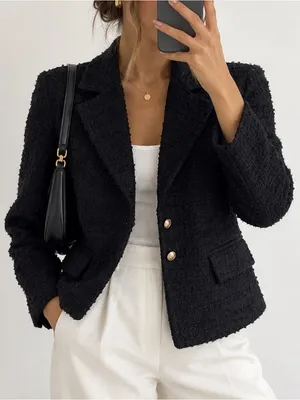 ZARA Tweed Black Blazer Size Medium Blogger Fav Minimalist Luxury Gold Buttons thumbnail 1