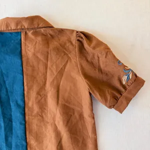 Embroidered Western Blouse Small Brown Teal Puff Sleeve Boho Cowgirl Shirt thumbnail 9