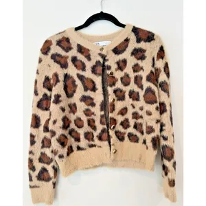 Zara Animal Jacquard Knit Cardigan Leopard Print Round Neck Size Small thumbnail 2