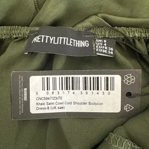 New PRETTYLITTLETHING Khaki Satin Cowl Cold Shoulder Bodycon MiniDress‎ Green 4 thumbnail 10
